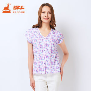 純棉舒適，貼心設(shè)計 銅牛女士短袖中老年睡衣背心開襟家居服